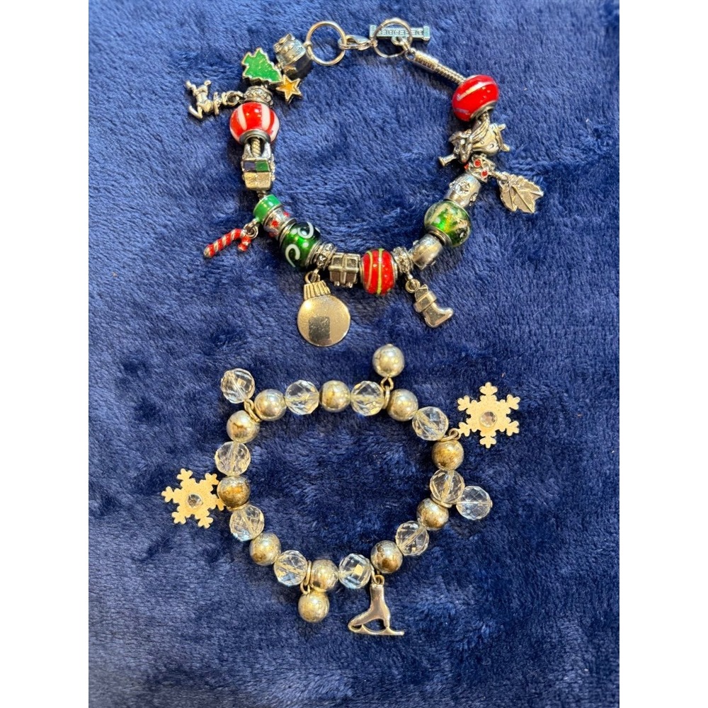 Christmas Holiday Charm Bracelet Lot 2pc Winter Snowflake Santa Ice Skate Silver